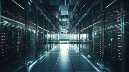 Fototapeta premium Futuristic Data Center Corridor: A Glimpse into the Digital Realm