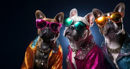 Creative animal concept. Group gang of French bulldog dog puppy in sparkly rock punk neon bright colour outfit, copy text space. commercial, editorial advertisement party invitation invite