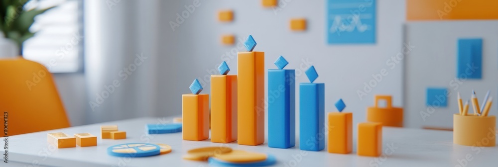 Aufkleber Colorful bar graph with geometric shapes on a desk, symbolizing data analysis and growth.