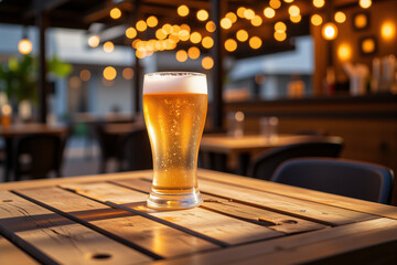 A single glass of beer on a wooden table in a bar setting, showcasing condensation and golden color under warm lights, emphasizing relaxation and enjoyment for drinks.