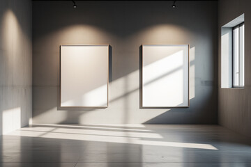 An empty art gallery space with two blank frames on the wall, illuminated by natural light streaming through the windows, emphasizing minimalism and simplicity for graphic resources.