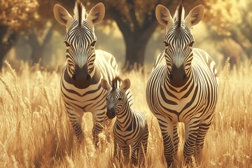 Fototapeta premium Zebra Family Stands Tall In Golden Grassland