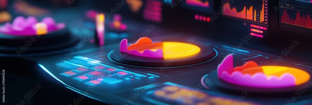 Poster A futuristic control panel displaying colorful data visualizations and graphics.