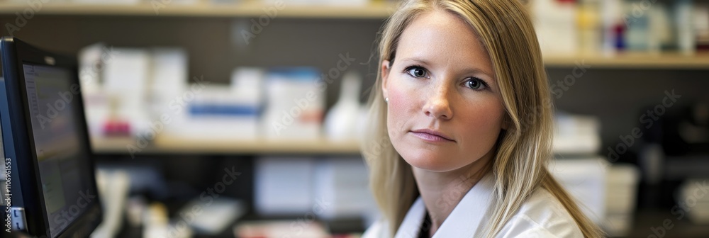 Poster a focused professional in a lab setting, conveying expertise and dedication.