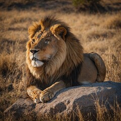 Obraz premium A lion resting majestically on a rock in the African savanna.