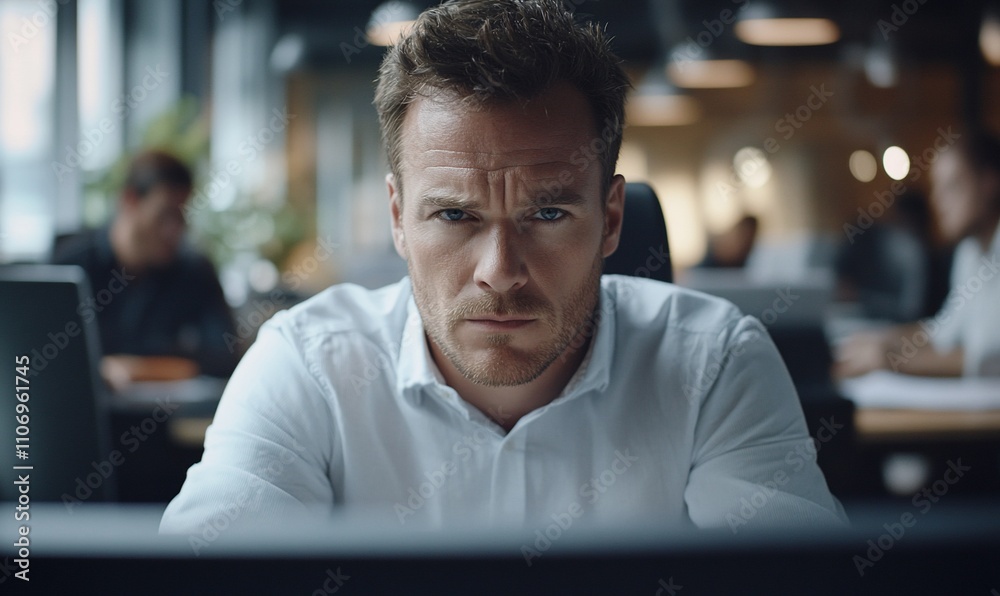 Aufkleber focused man working intently at a computer in a modern office.