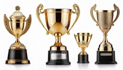 Collection of winner golden trophy cup isolated on white background