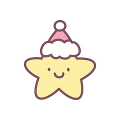 Kawaii Christmas star icon. Hand drawn illustration of a funny smiling star in Santa Claus hat isolated on a white background. Cute winter holiday sticker. Vector 10 EPS.