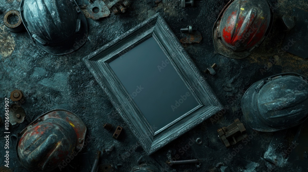 Poster a blank frame surrounded by construction helmets and metal scraps, suggesting a theme of work.