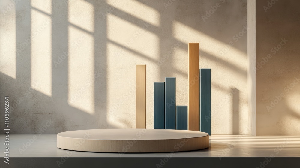 Aufkleber A minimalist display featuring bar graphs on a table, illuminated by natural light.