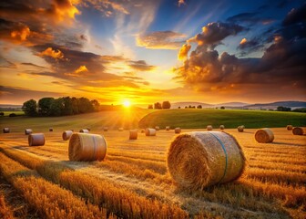 Hay Harvest in a Serene Rural Field with Bokeh Effect Capturing the Tranquility of Nature and the Beauty of Agricultural Landscapes