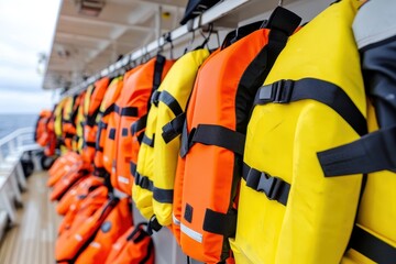 Row of life jackets on a boat deck, symbolizing safety and preparedness at sea.