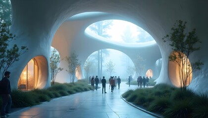 A futuristic, organic looking architectural structure with large windows that allow natural light to pass through. The interior space is filled with people walking along the path,