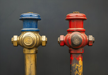 Fototapeta premium Two brass fire hydrants, one with a blue top and the other a red top.