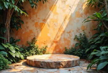 exotic stone podium with leaf shade in nude color for product display natural organic