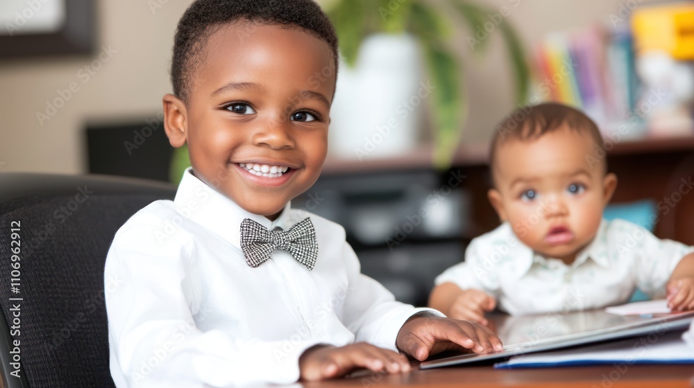 Poster two children smiling at a desk, one in a bow tie, with a tablet in front of them.