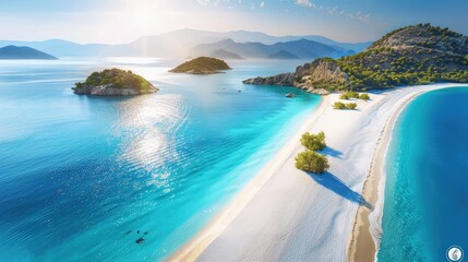 Fototapeta premium Serene Tropical Beach with Clear Blue Water and Sandy Shoreline