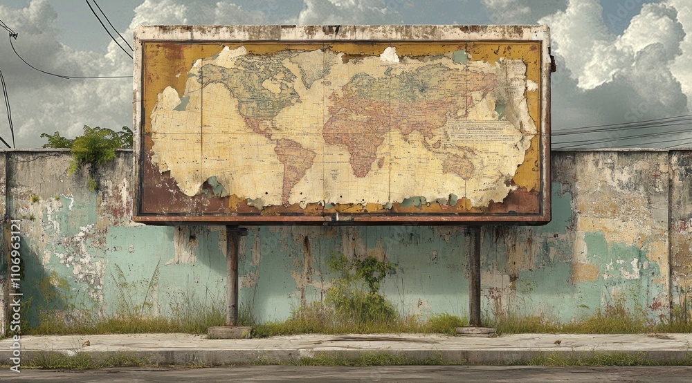 Poster a weathered billboard displaying a world map against a faded wall, surrounded by overgrown grass.
