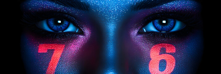 Naklejka premium Vibrant Eyes with Neon 7 & 6, Abstract Glitter Makeup Art