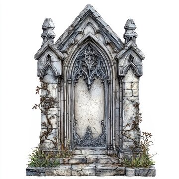Isolate a detailed tombstone on a white background, emphasizing its intricate carvings and historical significance.