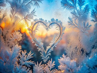 Obraz premium Heart Shape Painted on Frozen Glass Window for Valentine's Day Celebrating Friendship, Love, and Kindness in a Cozy Winter Atmosphere