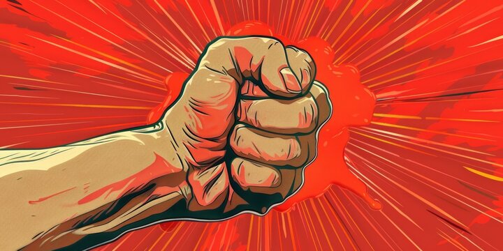 Fist is raised in the air with red splatters around it. Concept of power and strength, as if the person is about to punch something. The red splatters add to the intensity of the scene