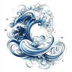 Fototapeta premium Art Nouveau style depiction of an ocean wave, isolate on a white background, featuring elegant curves and flowing lines.