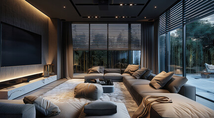 Modern home theater with large seating area, comfortable sofas and armchairs, tall windows with blinds, dark gray walls, white ceiling with LED lighting, interior design.
