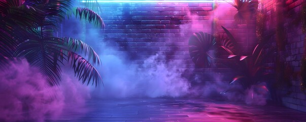 Neon Lit Brick Wall With Tropical Plants And Smoke