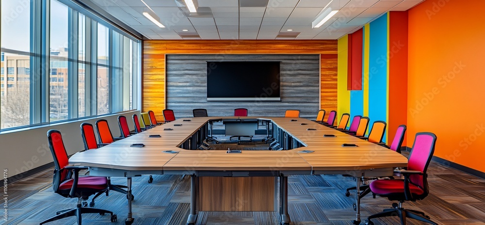 Poster modern conference room with a large table and colorful walls.