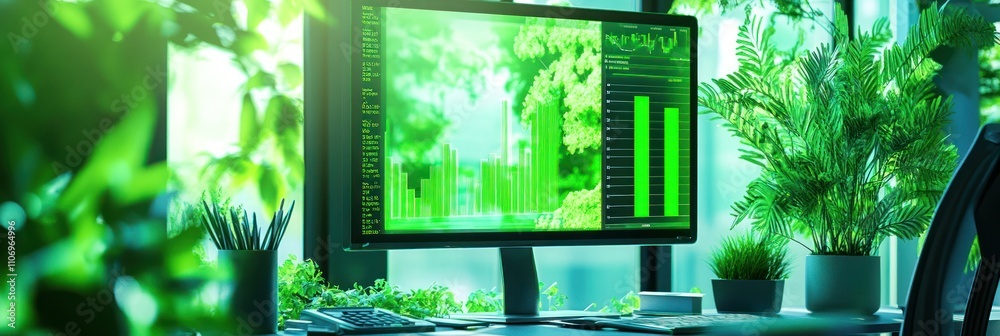 Poster a modern workspace with a green-themed monitor displaying data amidst indoor plants.