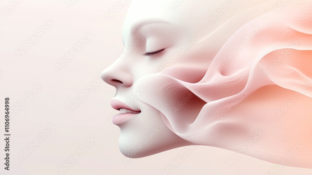Poster A serene abstract representation of a face with flowing elements, symbolizing tranquility.