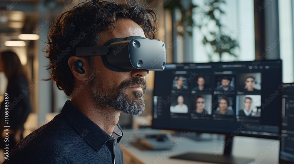 Poster a futuristic workspace showcasing professionals using ar headsets for real-time collaboration stock 
