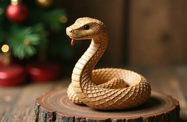 Fototapeta premium A handmade wooden snake figurine symbolizing renewal and good luck in the coming year and giving your festive events a touch of artistry. A Christmas tree is visible in the background.