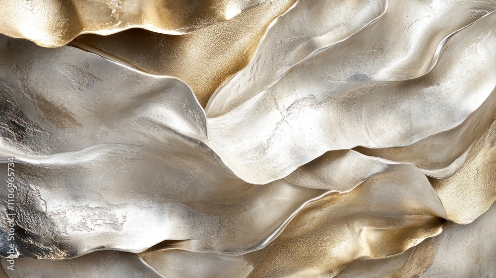 Poster abstract textured design with flowing metallic elements in gold and silver tones.