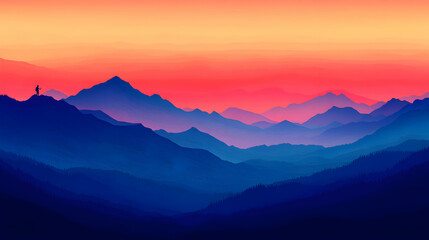 Fototapeta premium Majestic Sunset over Serene Mountain Ranges, A Digital Illustration of layered mountains at sunset, with a lone hiker silhouetted against a vibrant sky.