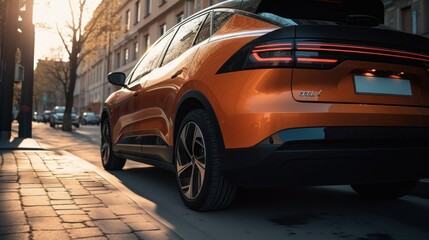 Naklejka premium Orange Electric SUV on City Street at Sunset
