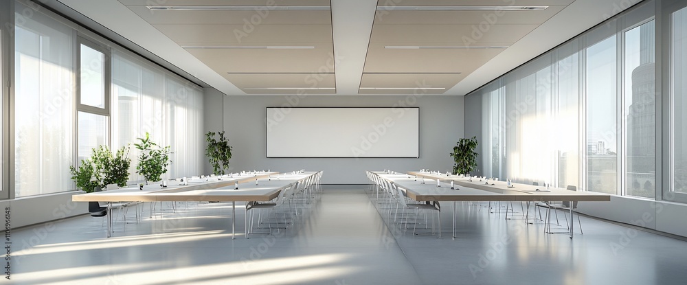 Poster modern conference room with long tables and large windows.
