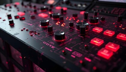 A futuristic sci-fi control panel with illuminated red buttons and dial,