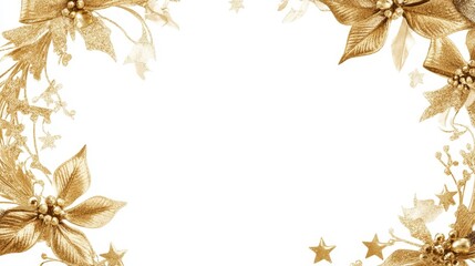 Golden Holiday Wreath with Bows and Stars on White Background for Text Space