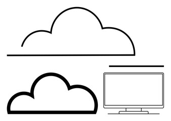 Two stylized cloud shapes above and next to a minimalistic monitor outline. Ideal for tech, data storage, cloud computing, IT services, innovation, digitalization, remote work. Line metaphor