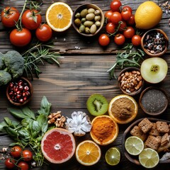 Wood table filled with health food. top view.