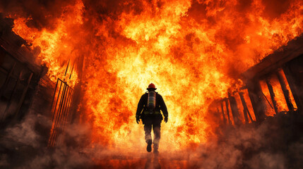 Fototapeta premium Urgent Situation Concept. firefighter bravely enters blazing inferno, showcasing courage