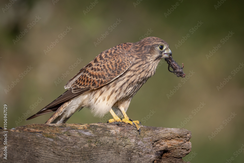 Poster a close up of a female kestrel perched on a stump with her prey in her beak. the background is out o