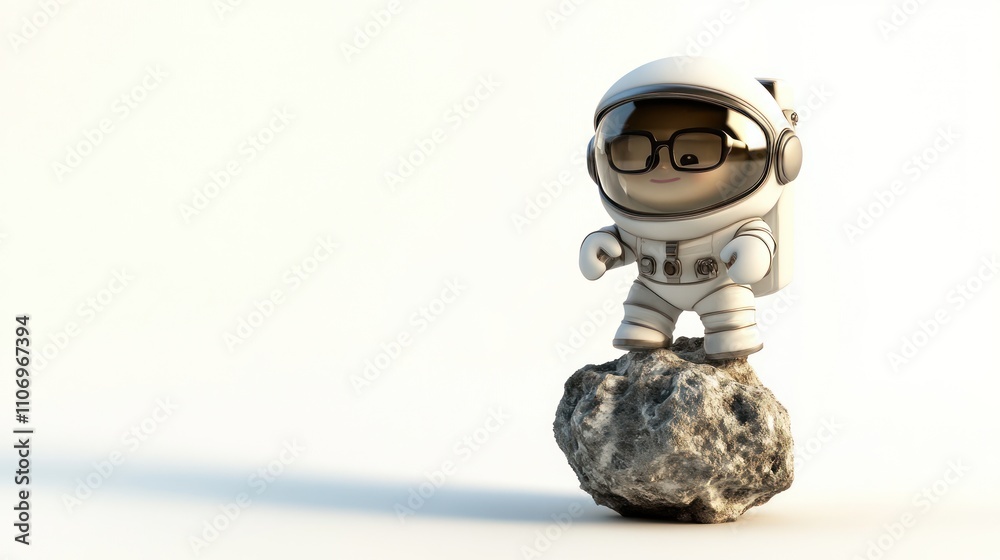 Poster a cute astronaut character standing on a rocky surface, symbolizing exploration and adventure.