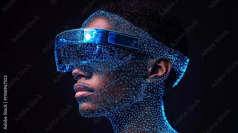 Fototapete an abstract visualization of ar and vr devices connected in a seamless digital network stock photo w