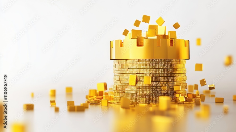 Poster a stack of gold coins topped with a crown, surrounded by floating cubes, symbolizing wealth.