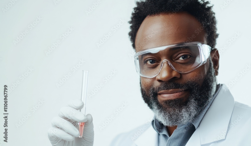 Poster a smiling scientist in a lab coat holds a test tube, showcasing a scientific experiment.