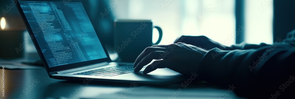 Poster A person typing on a laptop with code displayed, accompanied by a mug in a dimly lit setting.