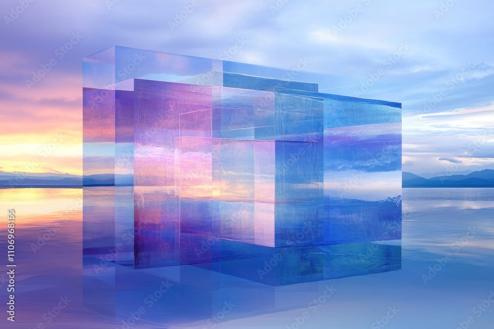 Aufkleber abstract geometric shapes reflecting a colorful sunset over a calm water surface.